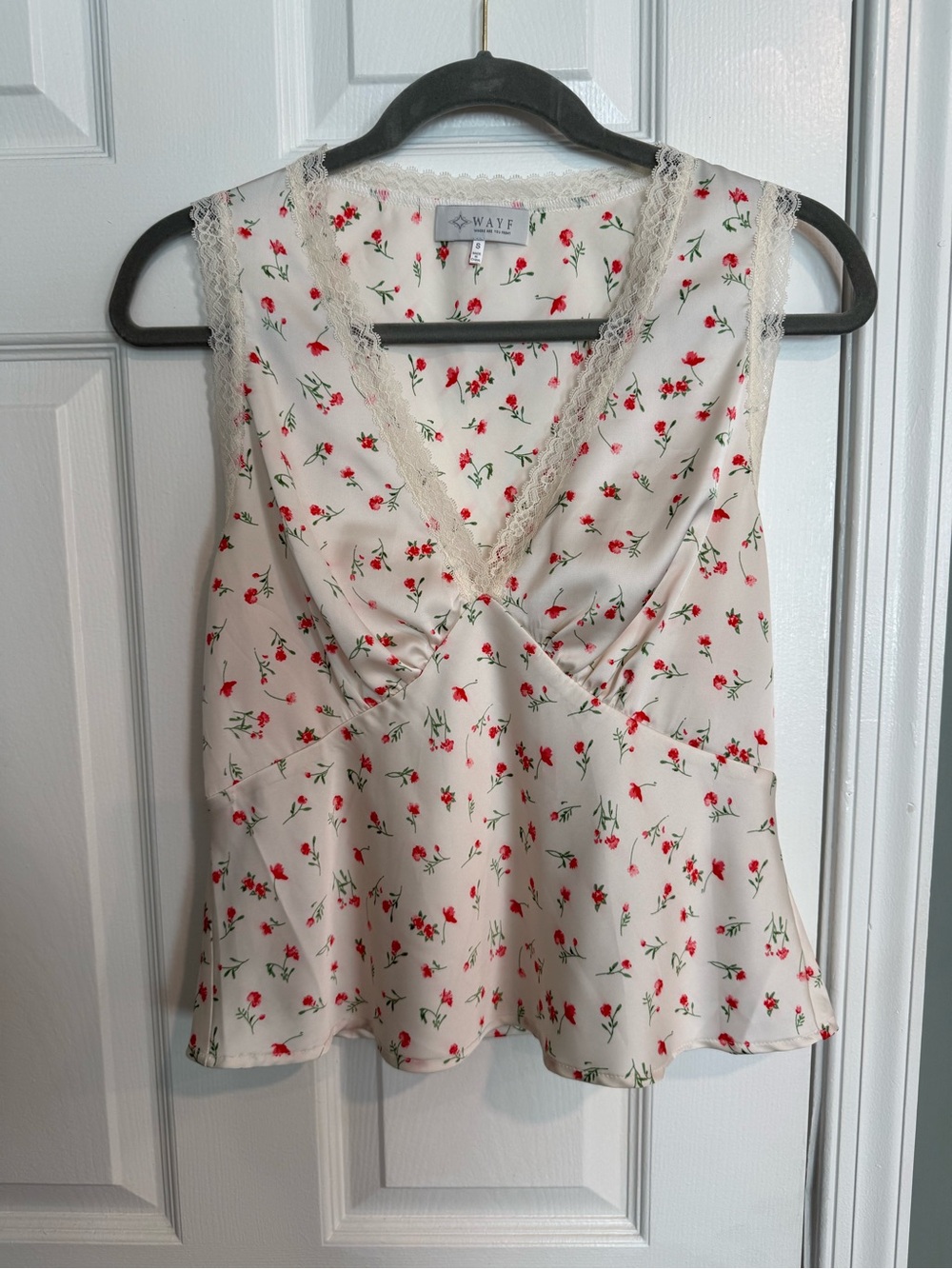 Wayf Cream Camisole with Red Floral Print and Lace Trim
